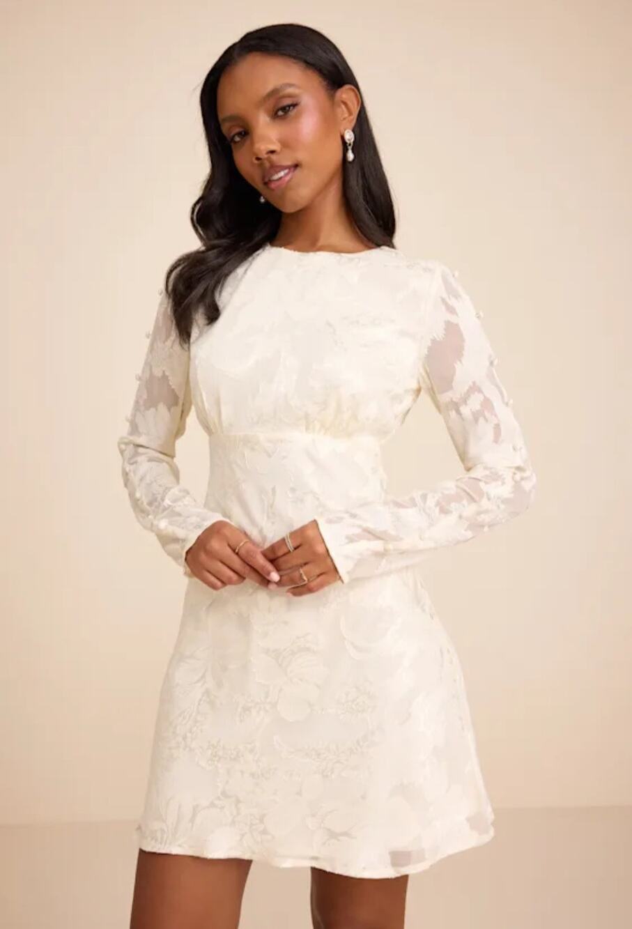 NWT Lulus Agnes Ivory Jacquard Long Sleeve Mini Dress Small